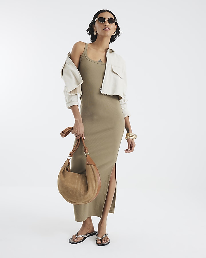 Khaki Sleeveless Ribbed Cami Midi Dress