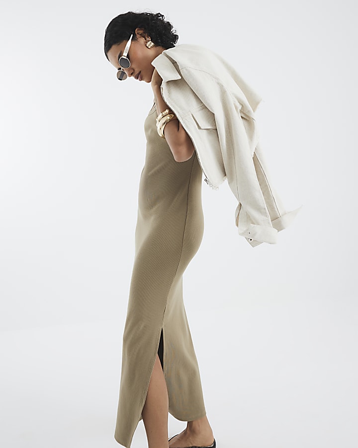 Khaki Sleeveless Ribbed Cami Midi Dress