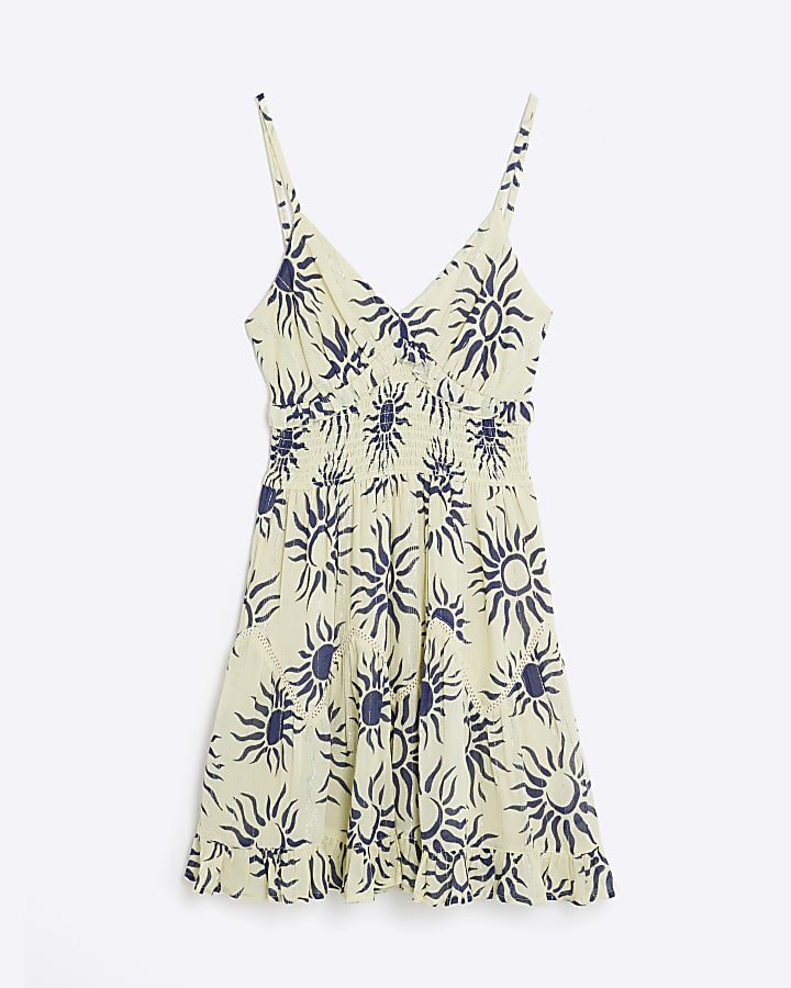 Cream Sun Print Frill Mini Dress