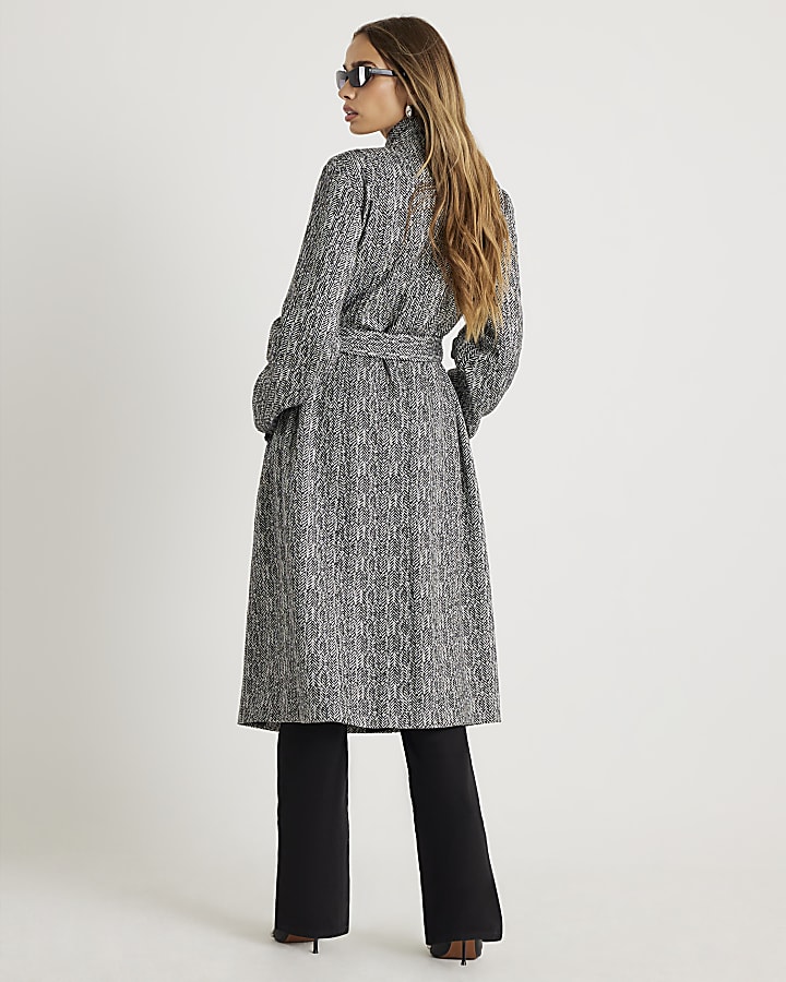 Black Herringbone Notch Collar Wrap Coat