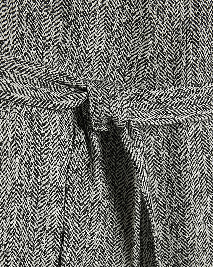 Black Herringbone Notch Collar Wrap Coat