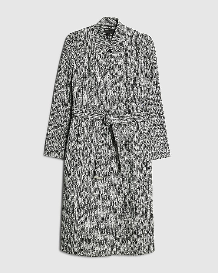Black Herringbone Notch Collar Wrap Coat
