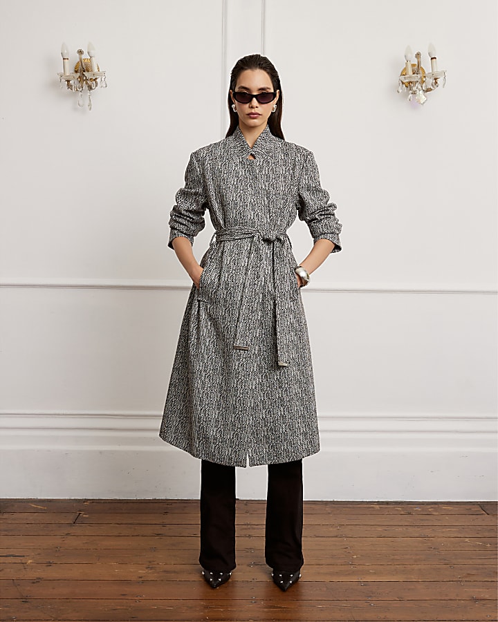 Black Herringbone Notch Collar Wrap Coat