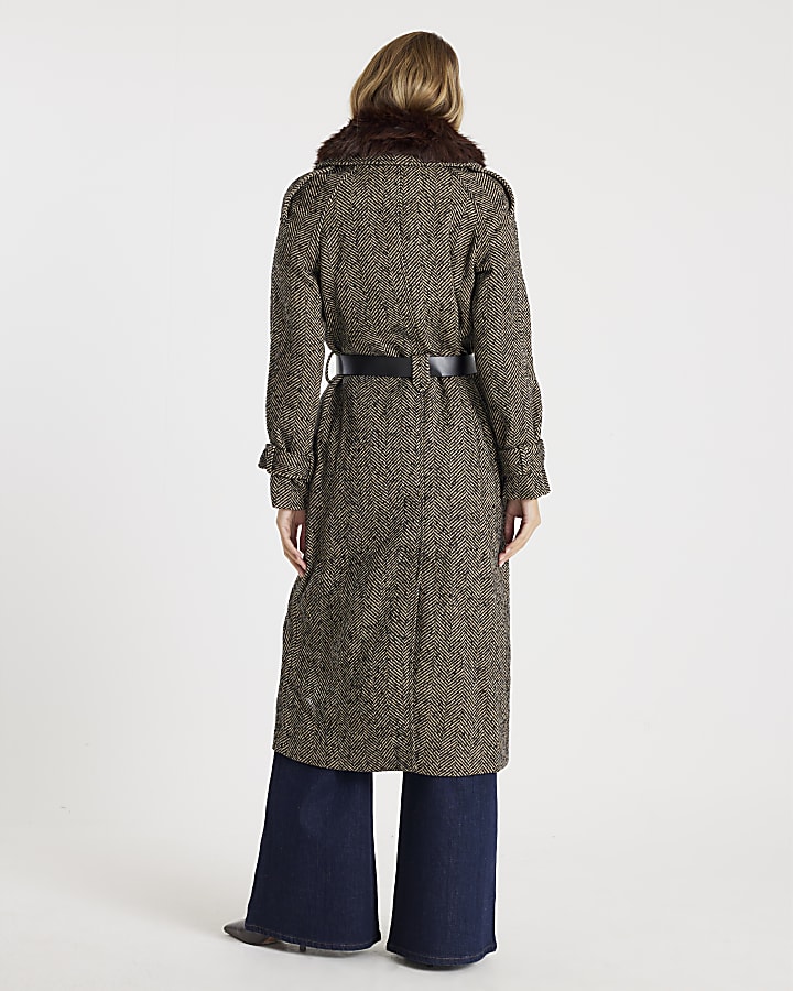 Brown Faux Fur Collar Herringbone Trench Coat