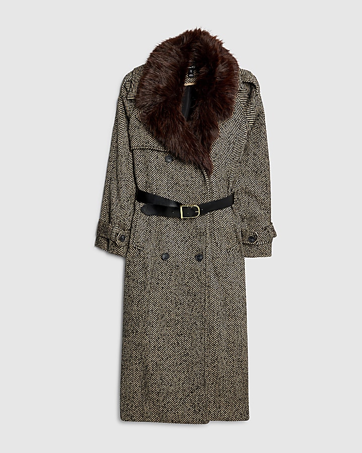 Brown Faux Fur Collar Herringbone Trench Coat