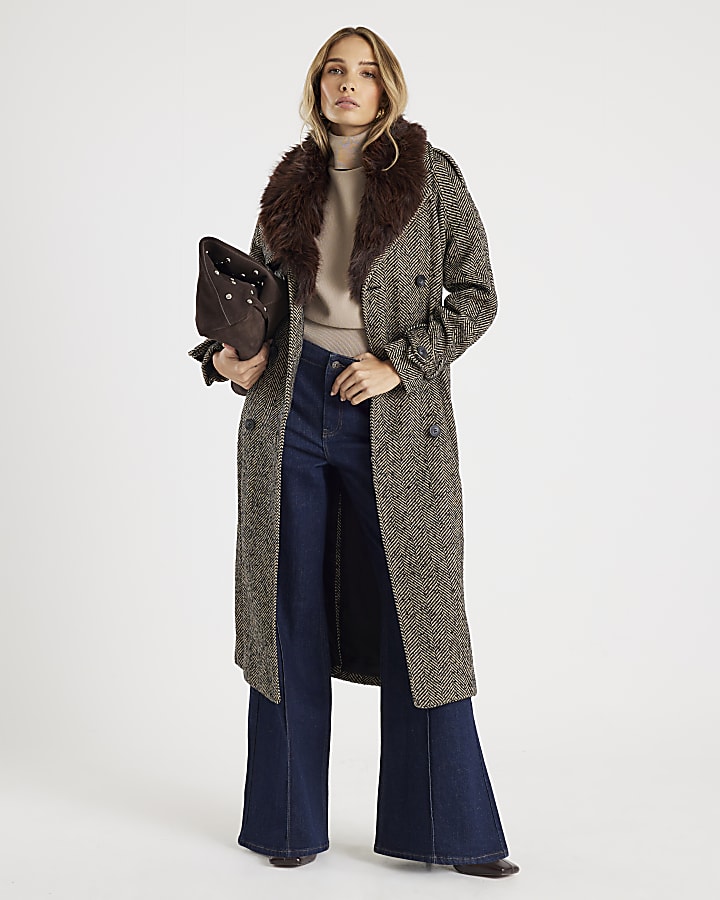 Brown Faux Fur Collar Herringbone Trench Coat