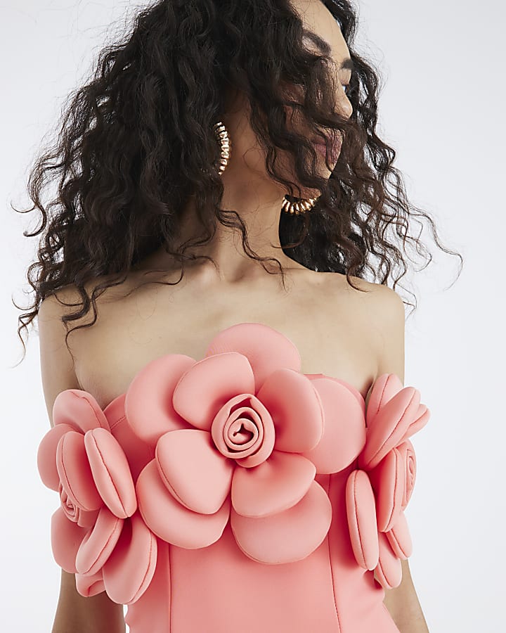 Coral Scuba 3D Flower Bandeau Mini Dress