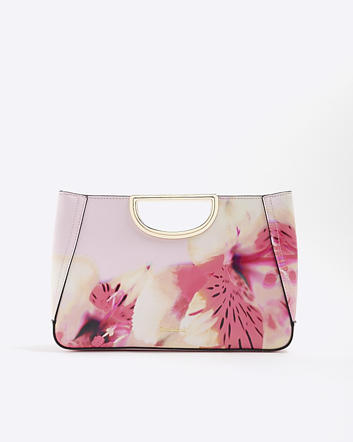 Pink Floral Metal Handle Clutch Bag