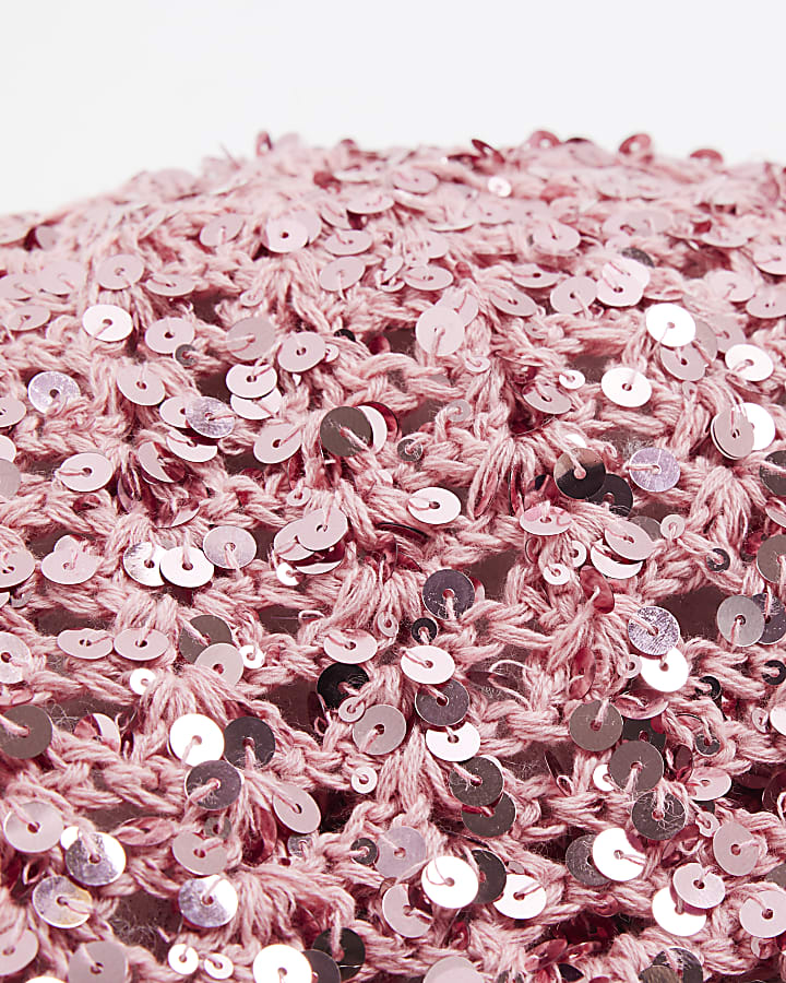 Pink Crochet Sequin Skull Cap