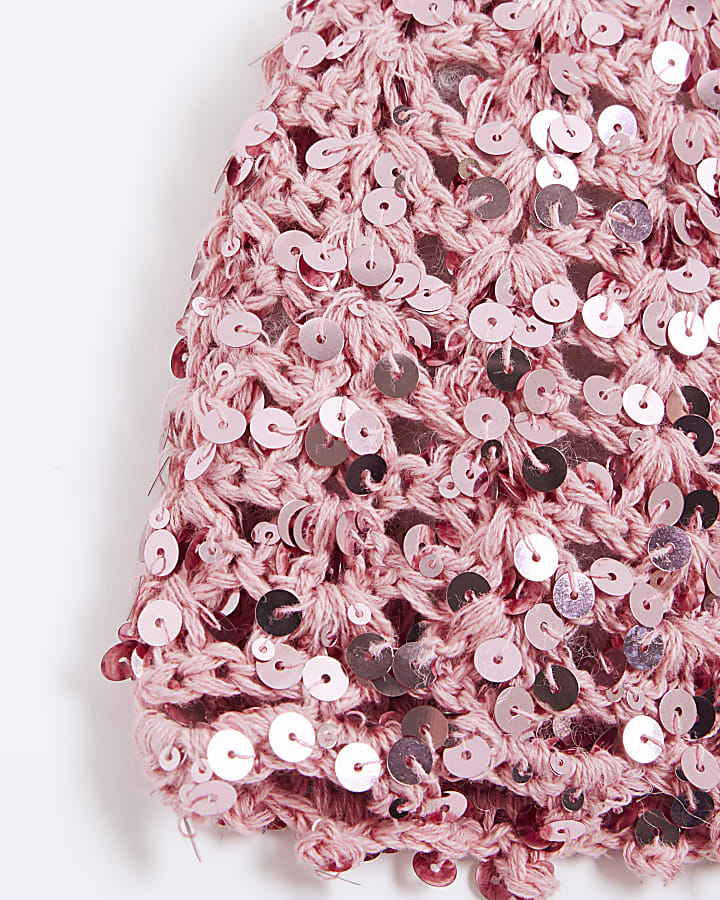 Pink Crochet Sequin Skull Cap