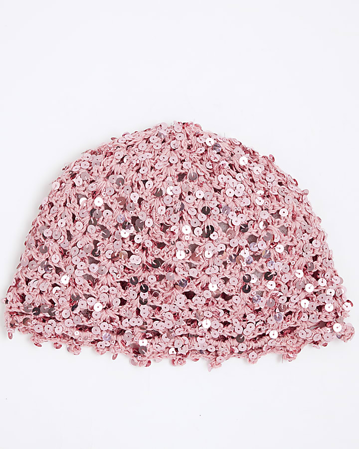 Pink Crochet Sequin Skull Cap