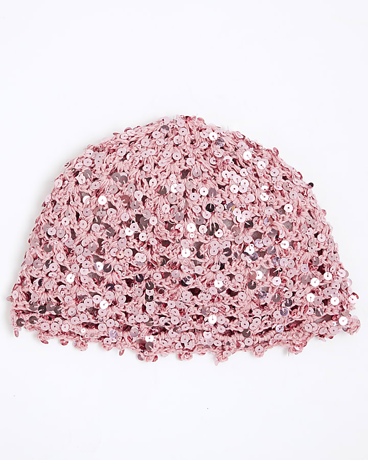 Pink Crochet Sequin Skull Cap