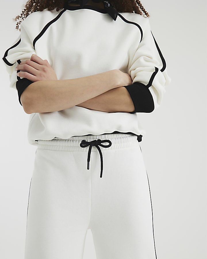 White Monochrome Piped Joggers