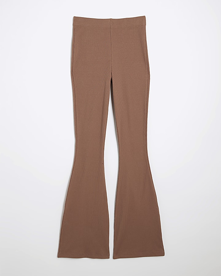Brown High Waisted Ribbed Flare Leggings