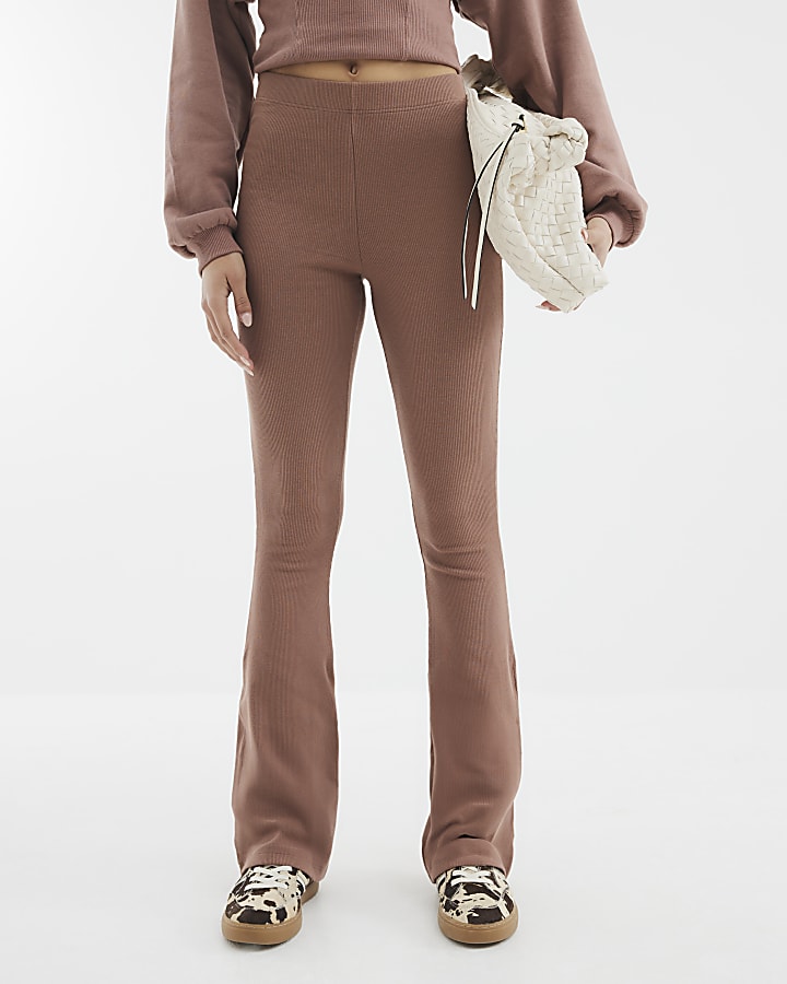 Brown High Waisted Ribbed Flare Leggings