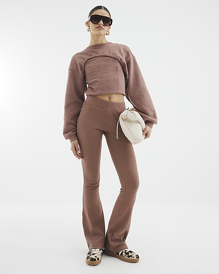 Brown High Waisted Ribbed Flare Leggings