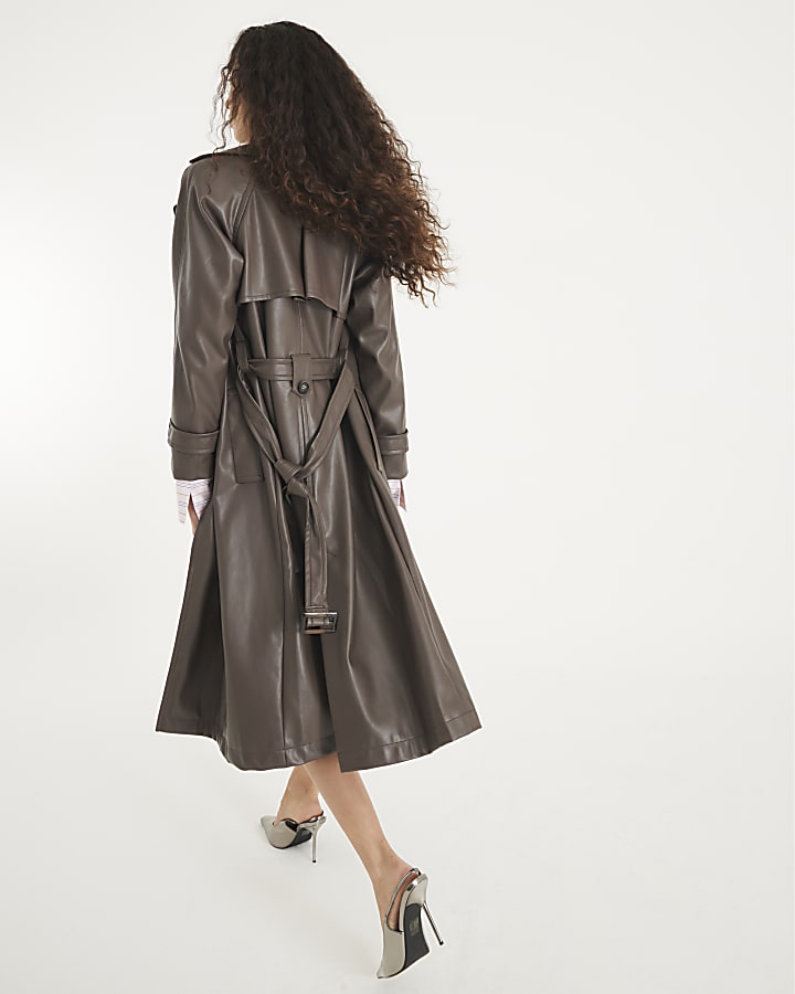 Brown Faux Leather Belted Trench Coat