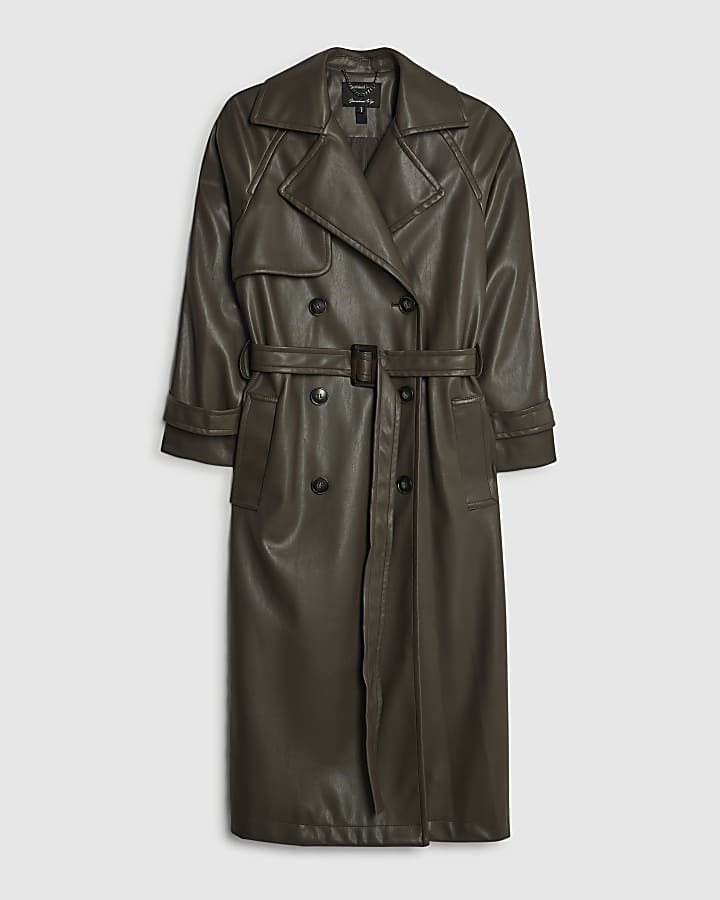 Brown Faux Leather Belted Trench Coat