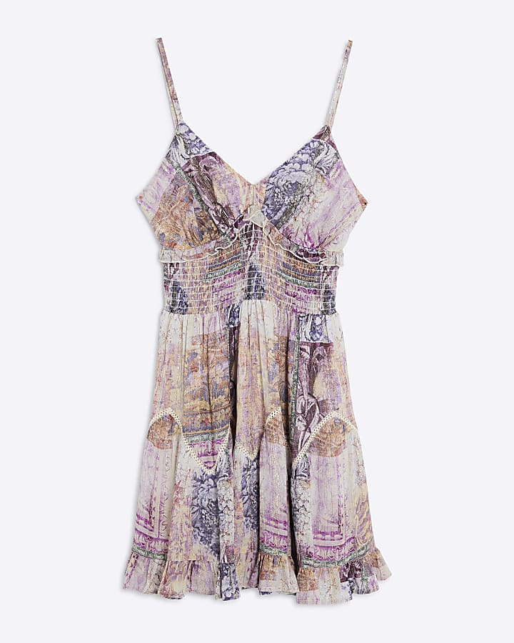 Purple Patchwork Print Frill Mini Beach Dress