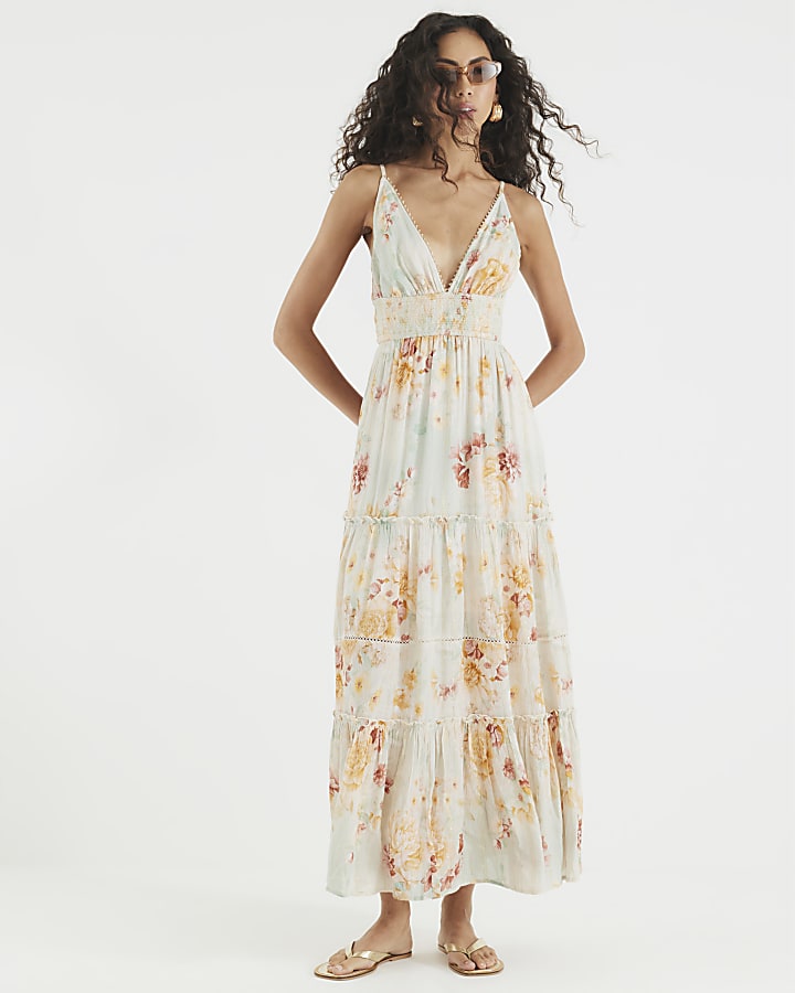 Blue Floral Shirred Maxi Beach Dress