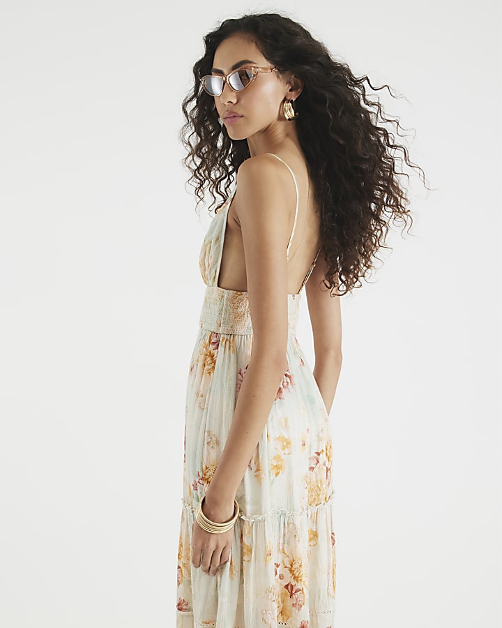 Blue Floral Shirred Maxi Beach Dress