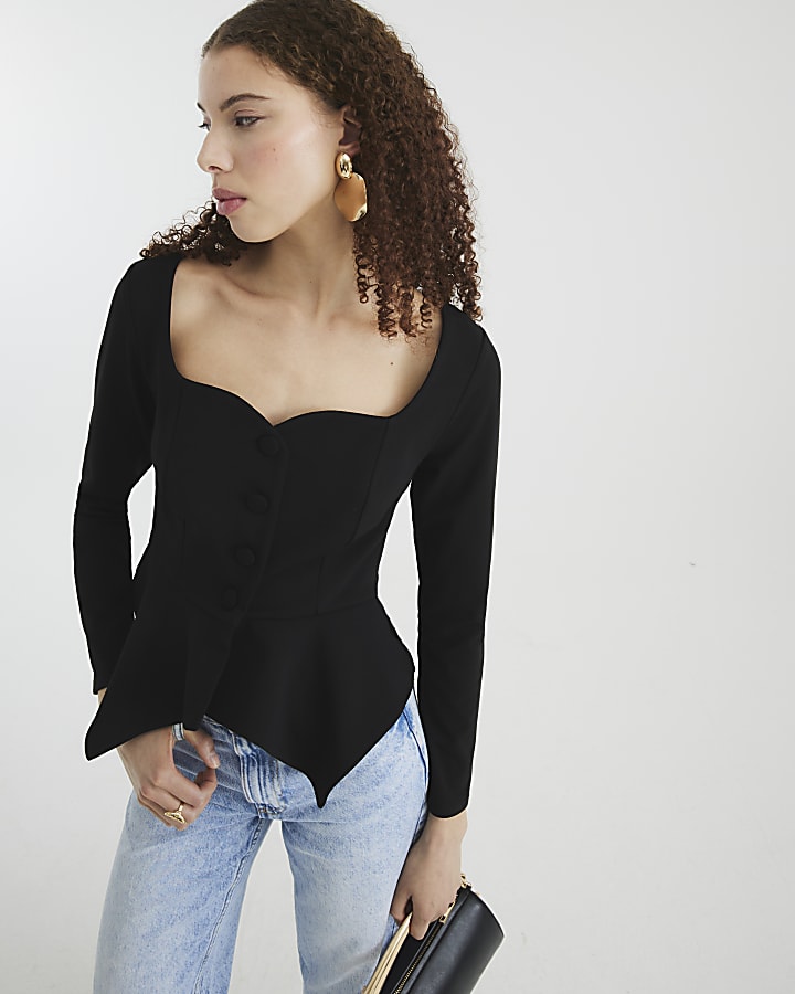 Black Long Sleeve Peplum Sweetheart Jacket