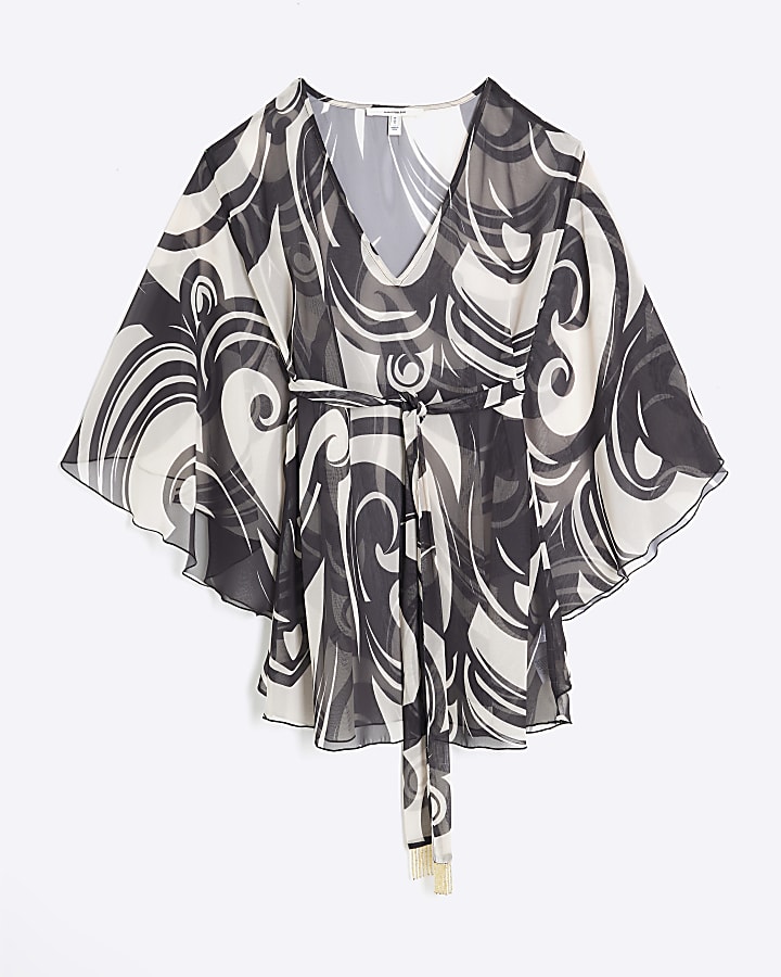 Black Swirl Print Long Sleeve Tunic Dress