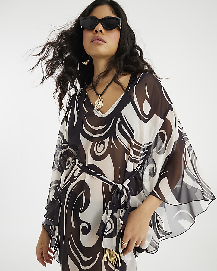 Black Swirl Print Long Sleeve Tunic Dress