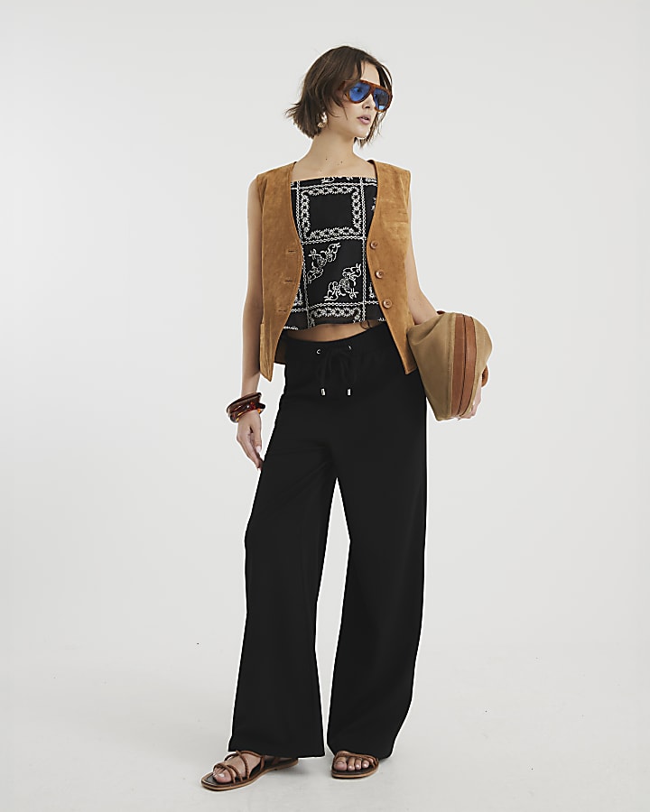 Black Sporty Drawstring Wide Leg Trousers