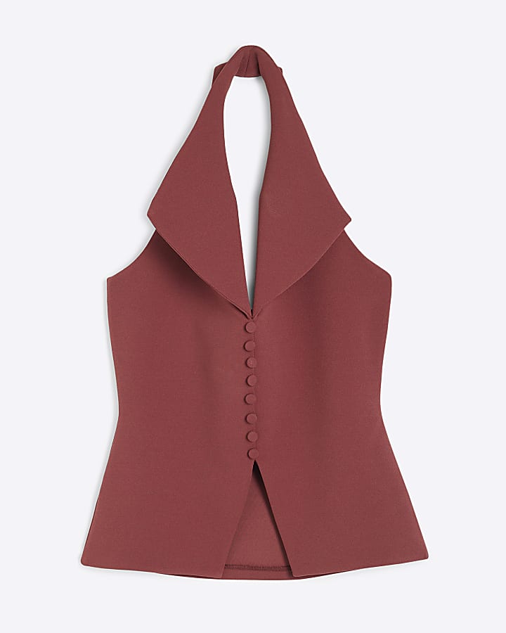 Rust Sleeveless Halter Neck Waistcoat