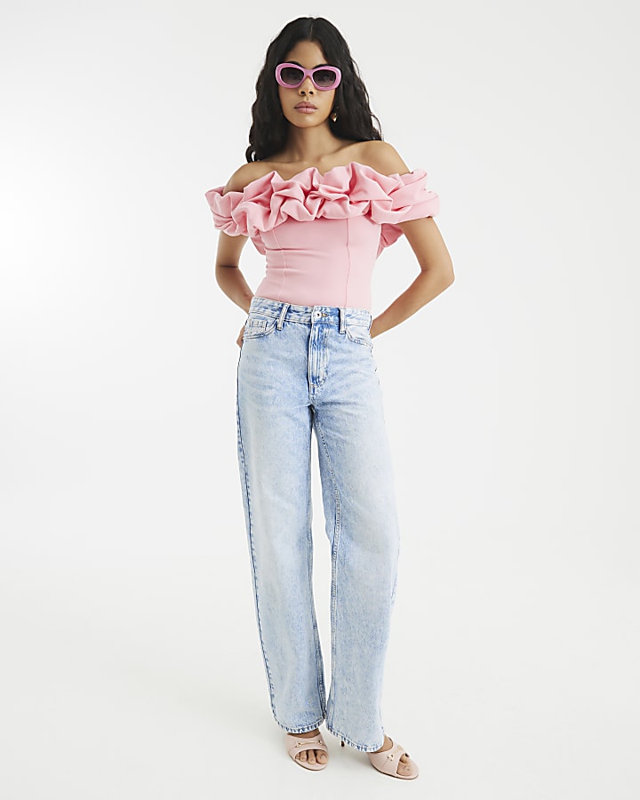 Pink Short Sleeve Ruffle Bardot Top