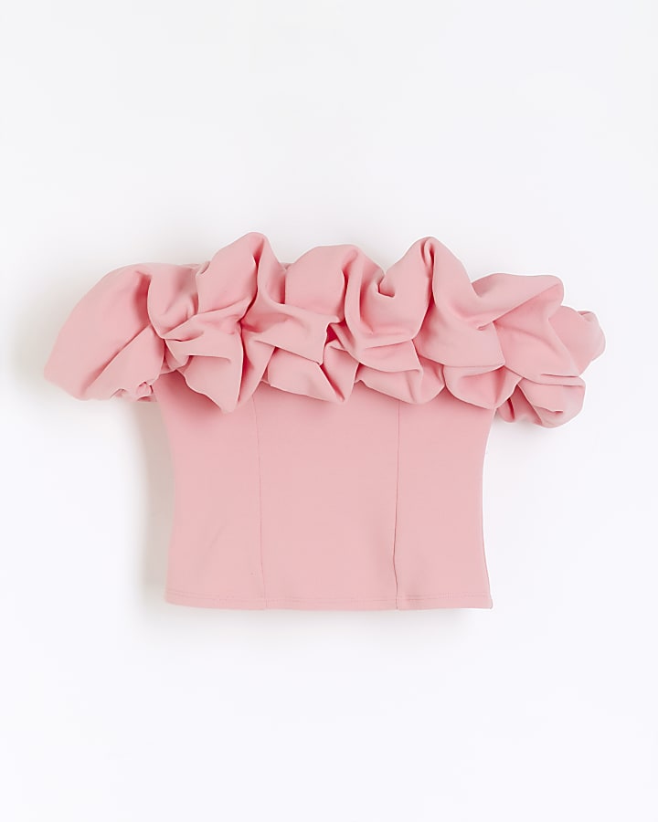 Pink Short Sleeve Ruffle Bardot Top