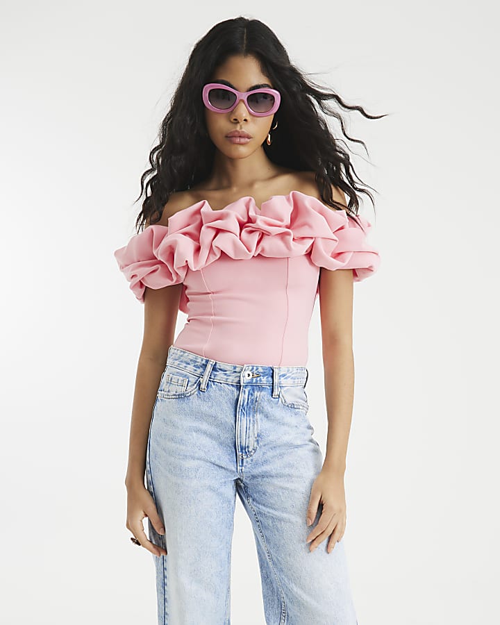 Pink Short Sleeve Ruffle Bardot Top