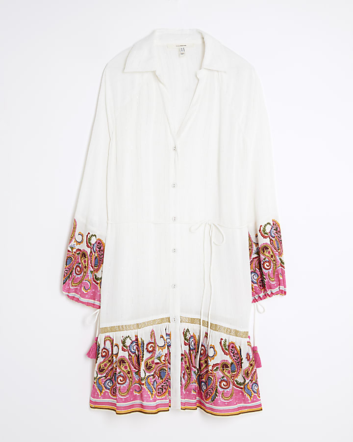 Cream Paisley Print Beach Shirt Mini Dress