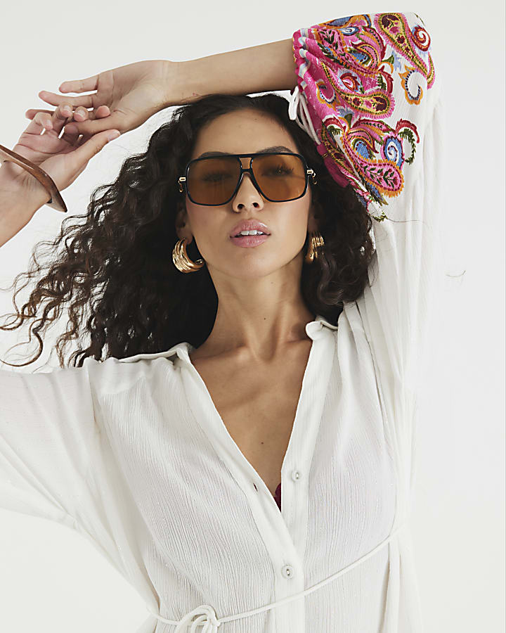 Cream Paisley Print Beach Shirt Mini Dress