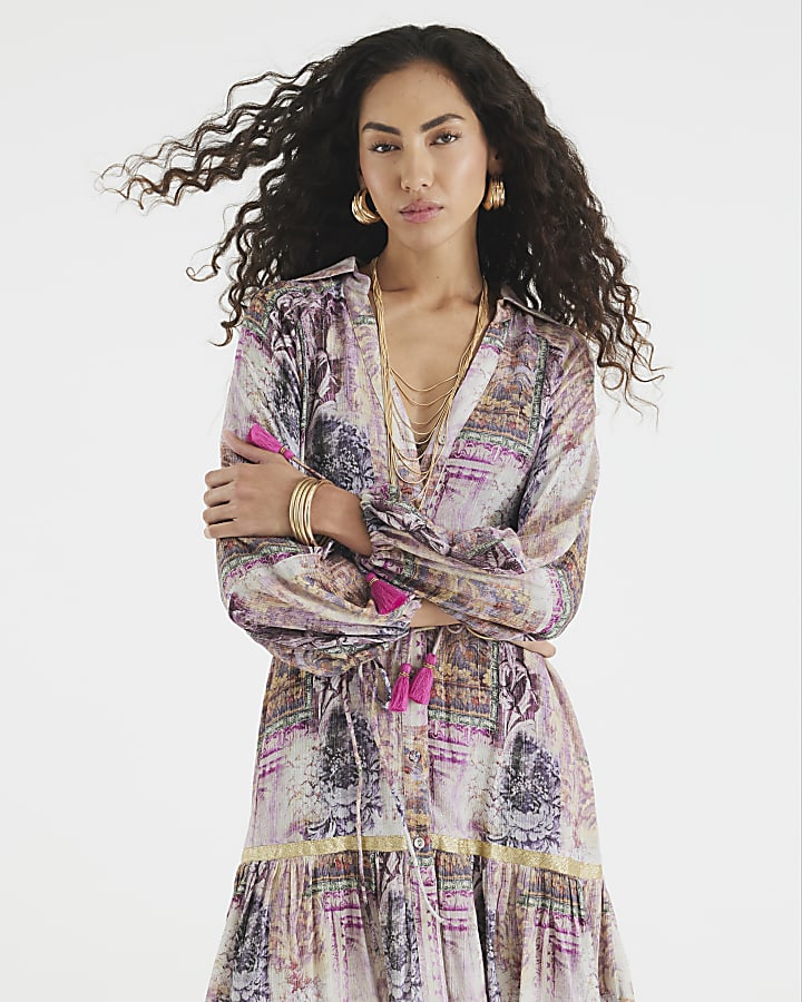 Purple Printed Long Sleeve Shirt Mini Dress