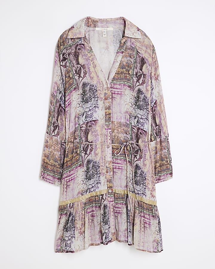Purple Printed Long Sleeve Shirt Mini Dress