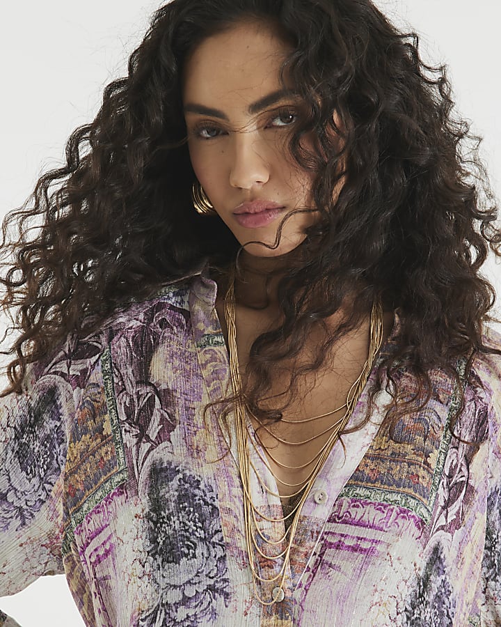 Purple Printed Long Sleeve Shirt Mini Dress
