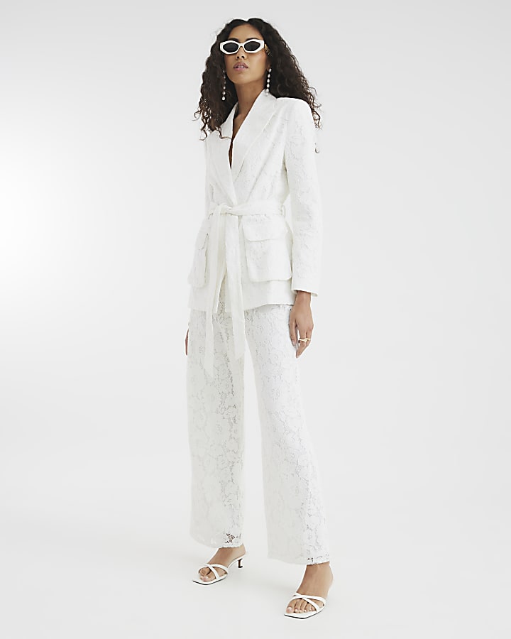 White Lace Wide Leg Tailored Trousers