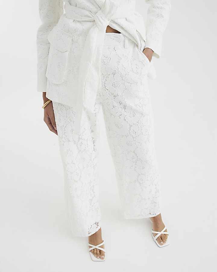 White Lace Wide Leg Tailored Trousers
