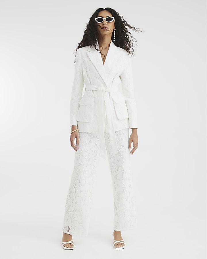 White Lace Tie Front Blazer