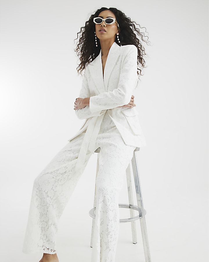 White Lace Tie Front Blazer