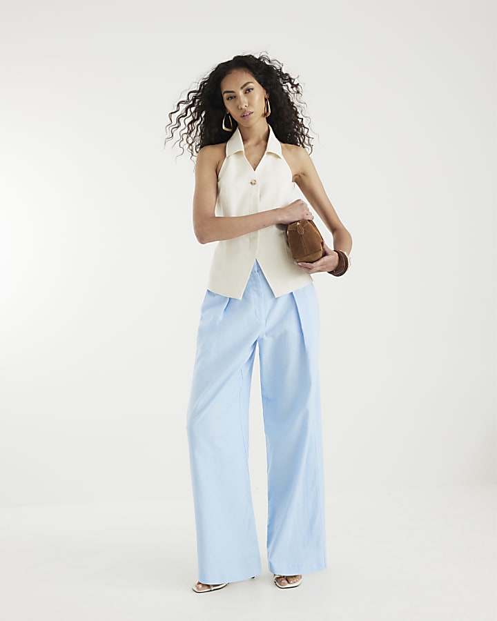 Blue Linen Blend Wide Leg Trousers