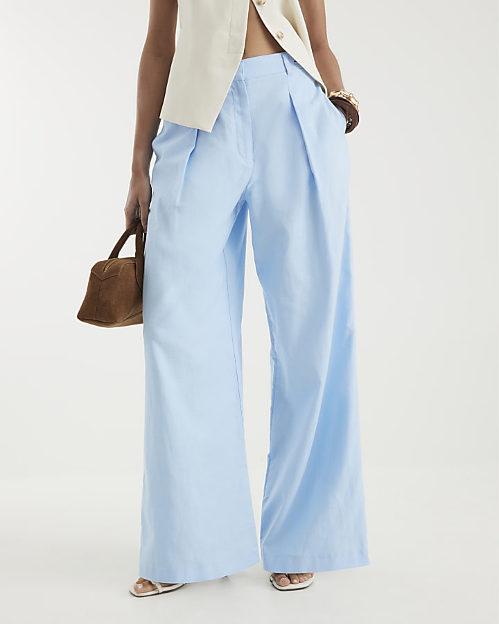 Blue Linen Blend Wide Leg Trousers