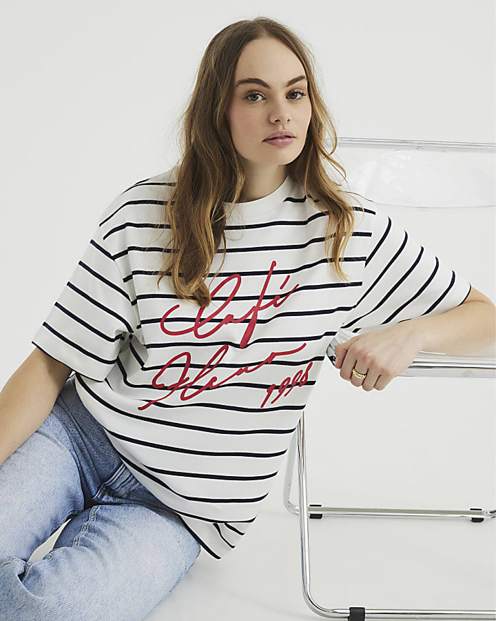 White Short Sleeve Cafe Fleur Stripe T-Shirt