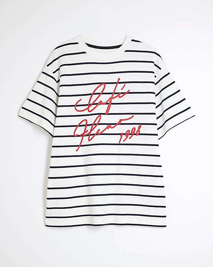 White Short Sleeve Cafe Fleur Stripe T-Shirt