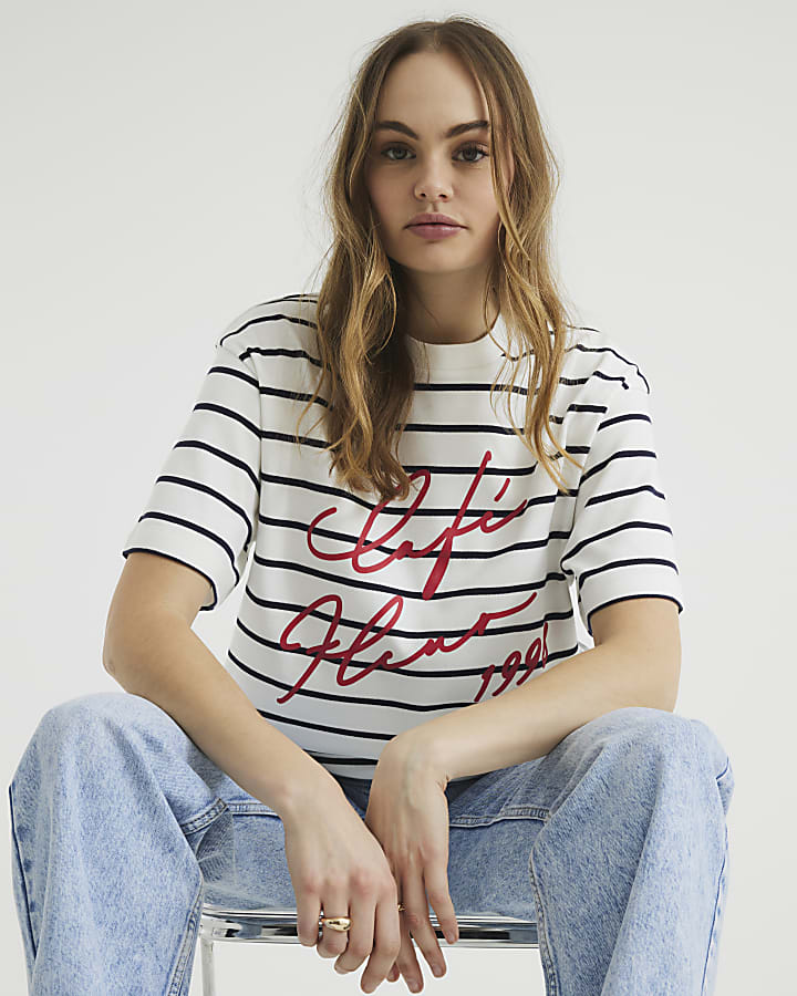 White Short Sleeve Cafe Fleur Stripe T-Shirt