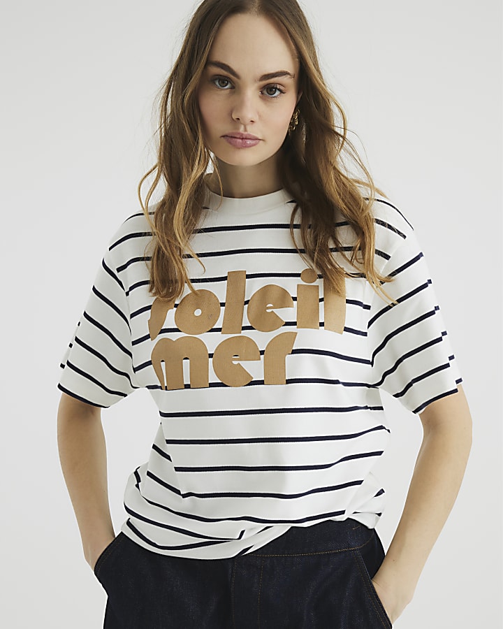 White Short Sleeve Soleil Mer Stripe T-shirt