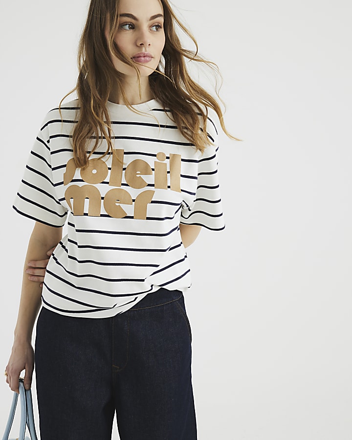 White Short Sleeve Soleil Mer Stripe T-shirt