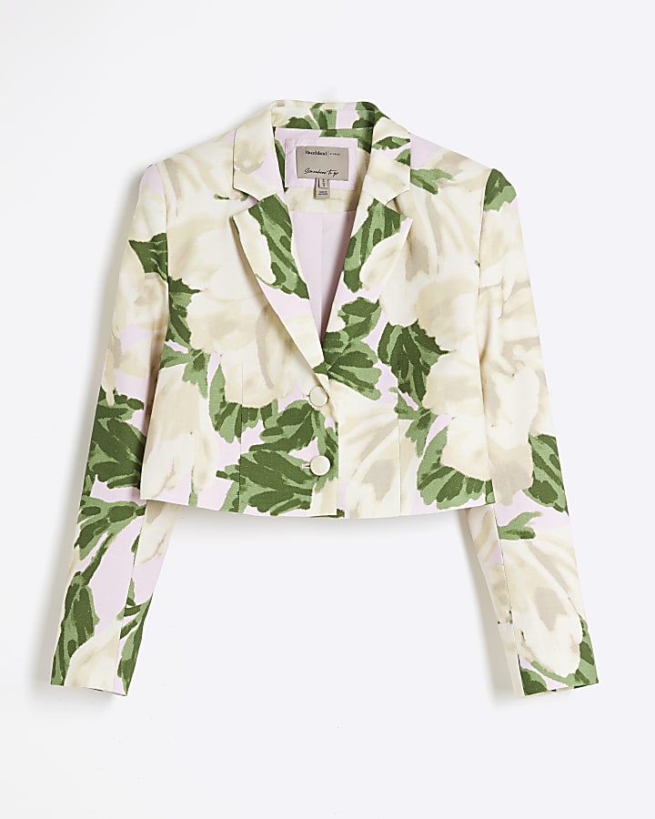 Pink Cropped Floral Print Boxy Fit Blazer